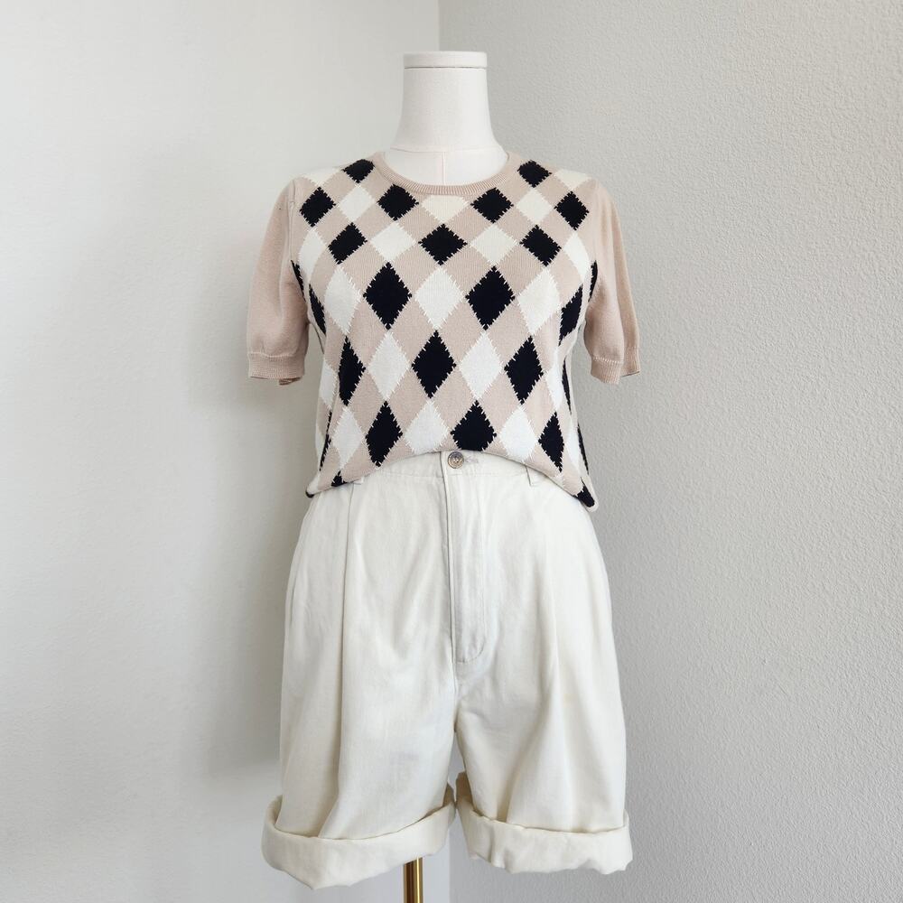 Vintage Y2K Tan Black Argyle Knit Short Sleeve Sweater Top Casual Corner M